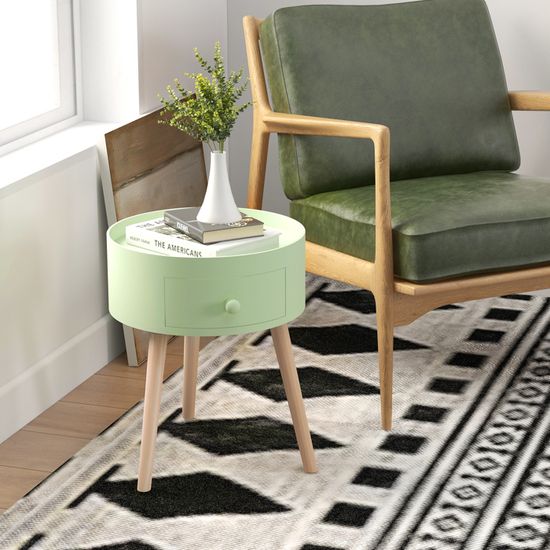 Table De Chevet Style Bohème HOMCOM - Porte Rotin Vert, étagère Réglable 40x35x58 Cm