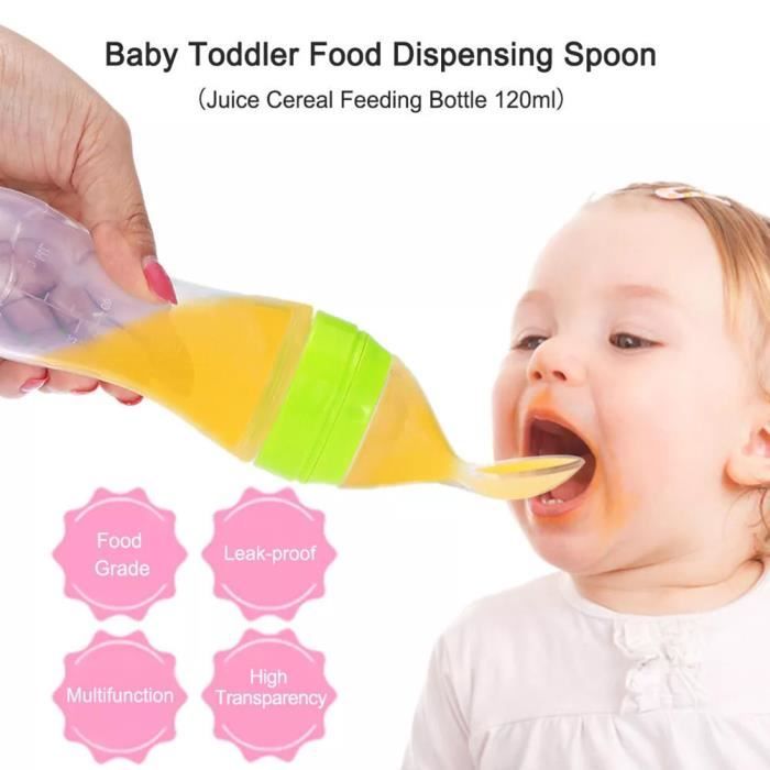 Cuillère Nourriture Bébé En Silicone - Distributeur Purée Et Compote - Sans BPA - Bleu Et Rose - 90ml