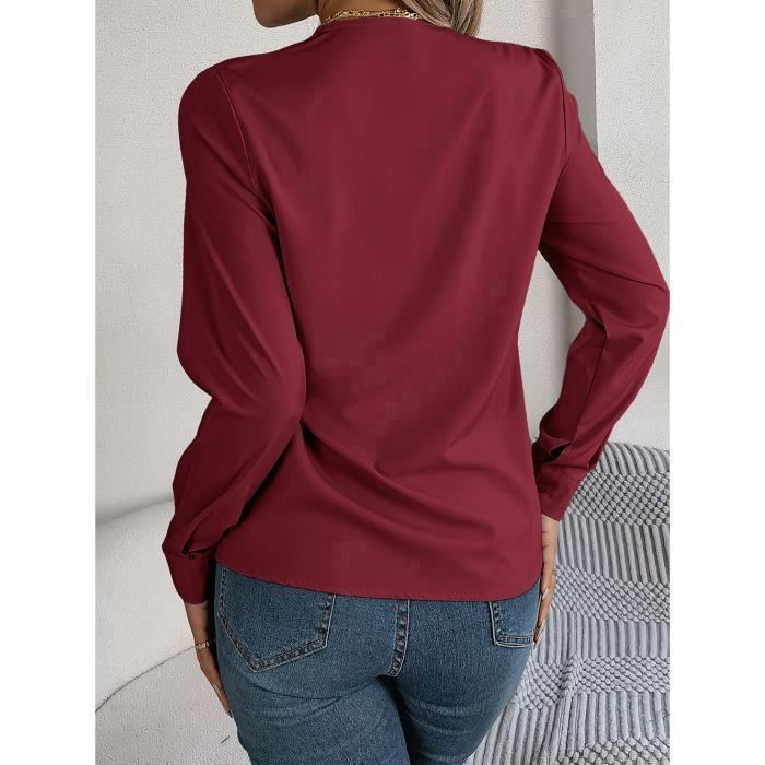 NONSAR - Chemisier élégant Pour Femme - Col En V - Manche Courte - Décontracté - Avec Boutons - Chemise Ample à Manches Courte Pour Le Travail - Couleur Unie, Vin Rouge-manche
