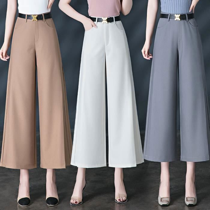 Pantalon Femme Ete Coupe 7 8 Stretch Taille Haute avec Poches sans Ceinture Leger Elegant Blanc