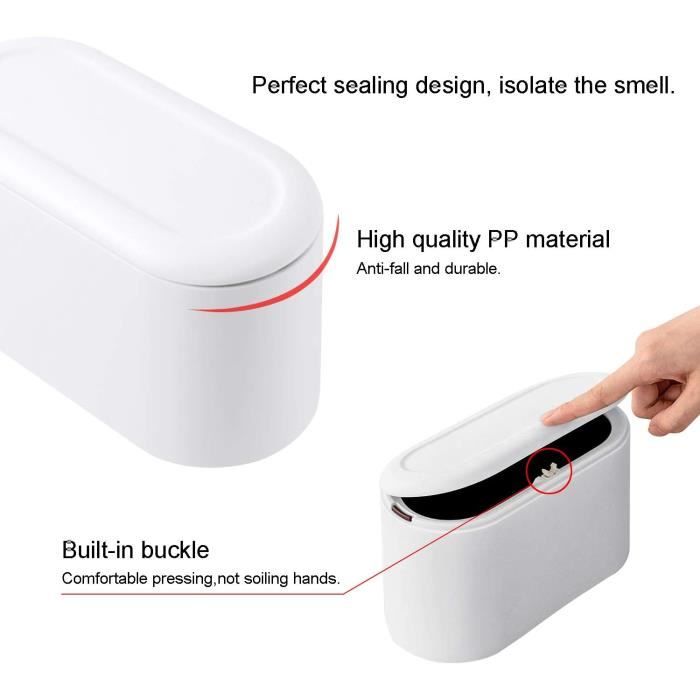 Mini Poubelle De Table Avec Couvercle - 2 Litres - Blanc Avec Bord Doré - Pour Bureau, Salle De Bain, Coiffeuse