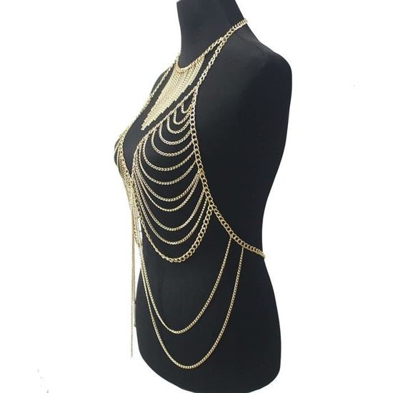 Ceinture chaîne - Métal, perles de verre & strass, doré, multicolore
