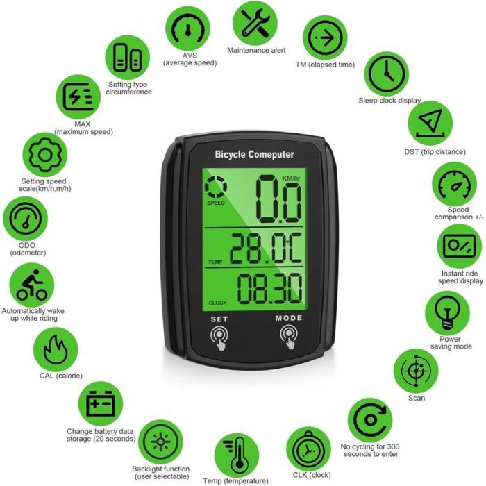 1 Compteur de vélo, 19 fonctions, écran LED, étanche IP65, pour VTT et route 1 Compteur de vélo, 19 fonctions, écran LED, étanche IP65, pour VTT et route