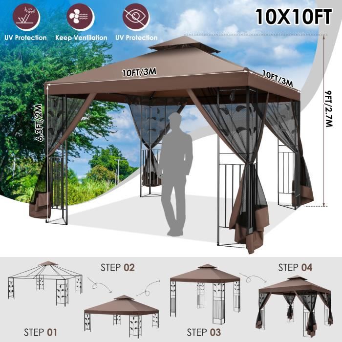Tonnelle De Jardin JUMMICO 3,24x3,24 M Pliante - Toit Double, Moustiquaire, UV50+, Housse à Roulettes, Résistante Vent/pluie - 3