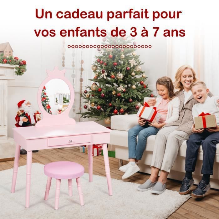 Costway coiffeuse pour enfant avec miroir pliant, inclus de table de maquillage et tabouret,1 grand tiroir accessoire de maquillage,table de maquillage de filles style princesse (rose