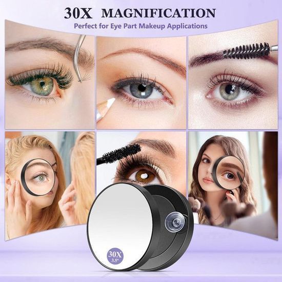 Miroir Grossissant 30x Avec Ventouses - Miroir Maquillage 15 Cm Rond, Pince à épiler Incluse, Pour Salle De Bain