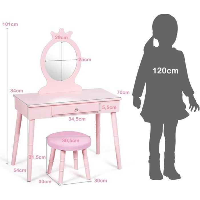 Coiffeuse + tabouret avec miroir table de maquillage commode 3 tiroirs