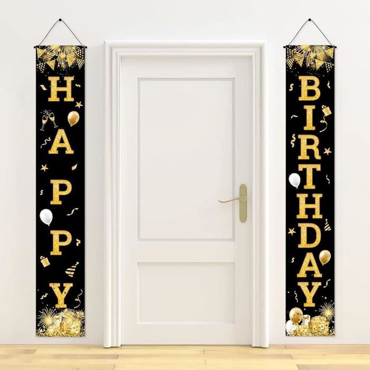 Seutgjie Banderole Joyeux Anniversaire, Décoration Anniversaire Toile De Fond Anniversaire Hommes/Femmes, Bannière Joyeux Anniversaire Pour Fête, Or Noir 180 X 110 Cm