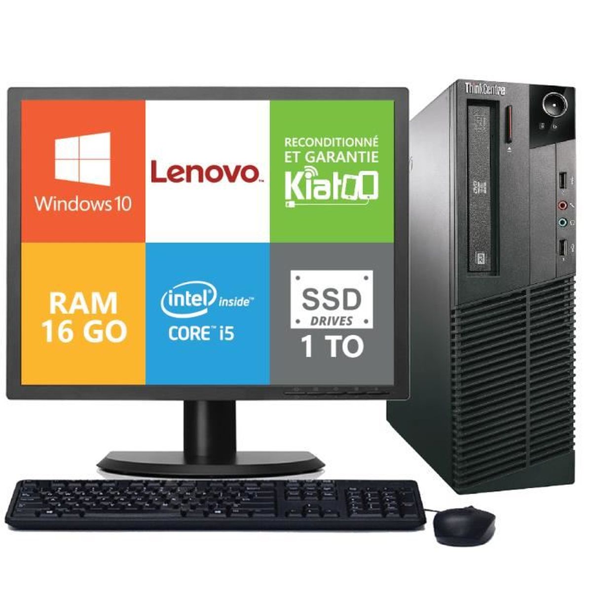 PC Lenovo ThinkCentre M92p + écran 22″ – Intel G2020, 32Go RAM, 500Go, Windows 10, Wifi