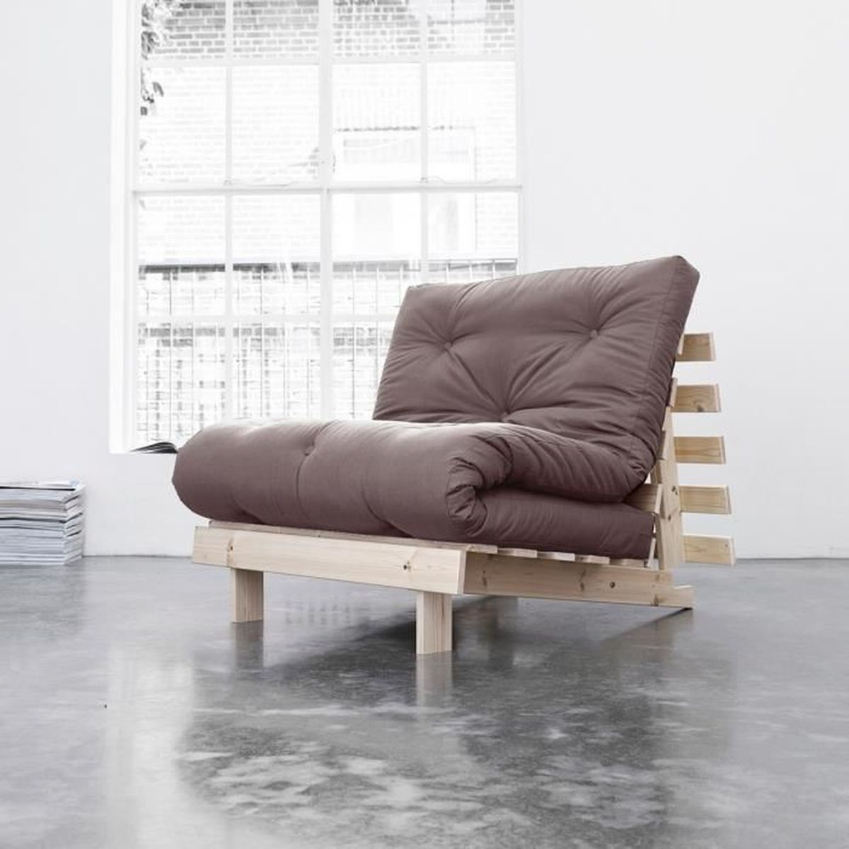 Pack Futon Matelas Latex Taupe Structure en Bois Naturel 140x200