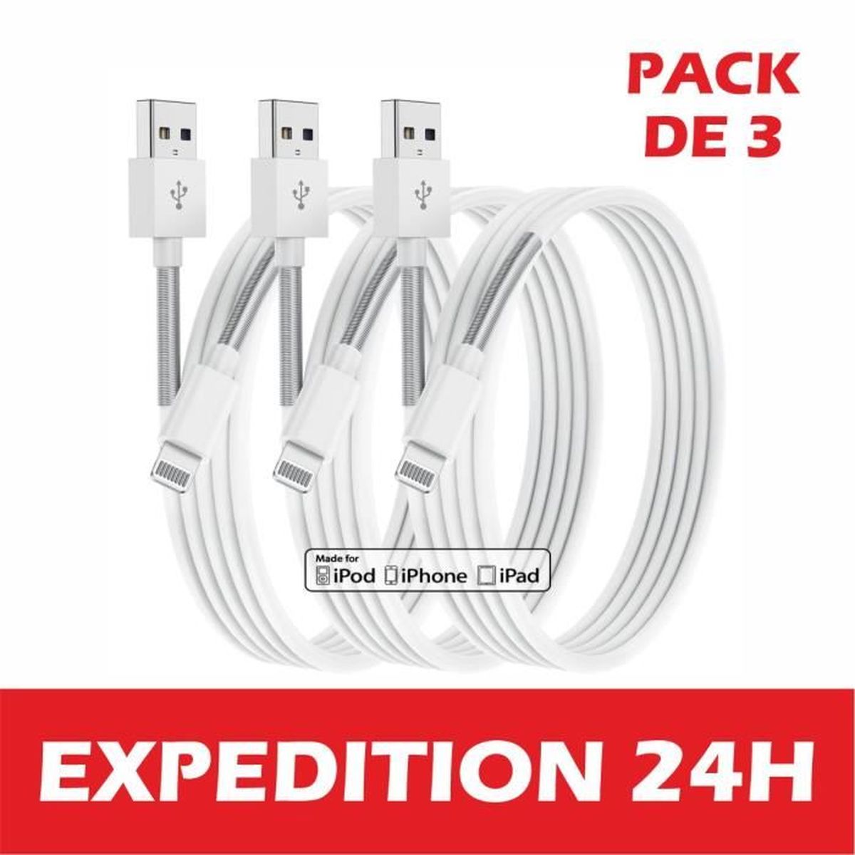 Câble iPhone iPhone, Lot de 3 certifiés MFi Apple, Lightning Chargeur