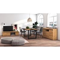Ensemble de meubles de salon, Table 170 Bicolore pieds U 8 convives, Meuble TV 160, Buffet 140, Chêne et Noir, RF1257
