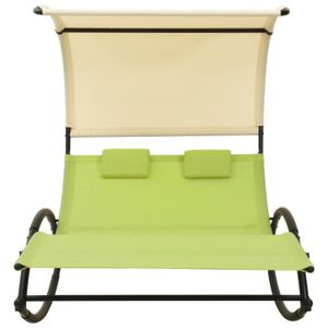 CHAISE LONGUE Chaise longue double avec auvent Textilène Vert et crème-ASH7037029528492