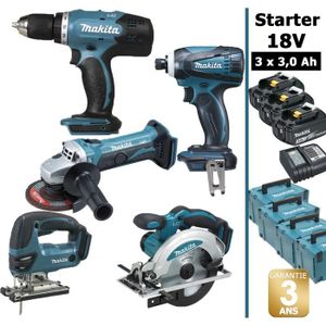 Pack de machines outil - Makita - Starter 5 outils 18V: Perceuse DDF453 + Meuleuse DGA452 + Visseuse à choc DTD146 + Scie sauteuse
