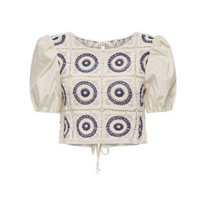 Blouse en coton écrue unie en crochet à coupe crop top avec des détails bleus