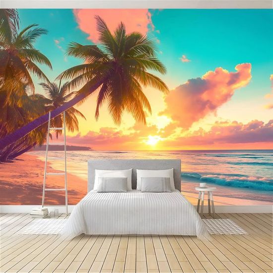 Sticker Mural 3D Déco Plage Et Cocotiers - Papier Peint Autocollant Amovible (modèle Erin), Pour Salon, Chambre, Bureau