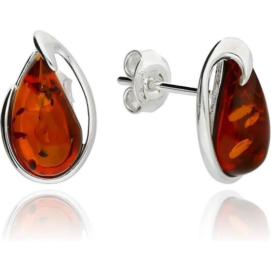 Accessoire Ethnique Pierre Naturelle Boucles D'oreilles Ambre Véritable - Forme Goutte - Fait Main - Argent 925 Bijoux Ambre Baltique