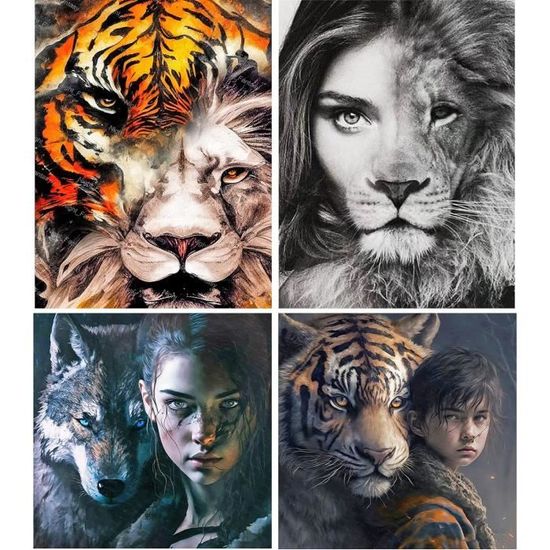Kit Diamond Painting Animaux 4x 30x30 Cm - Tigre, Lion, Léopard, Ours - Pour Enfants Et Débutants - Loisir Créatif - 4