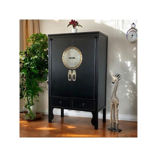 Armoire Asiatique Noire – Commode Haute Chinoise – 2 Portes 6 Tiroirs – Bois – Palazzo INT
