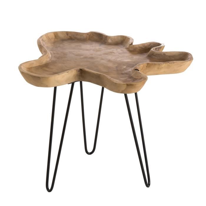 Table d'appoint ethnique en bois teck massif naturel - Pieds épingles scandi en métal - L 56 x l 60 cm
