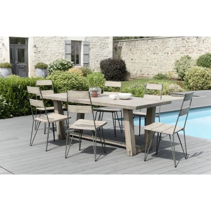 Ensemble de jardin en teck : 1 table à manger rectangulaire- 3 lots de 2 chaises scandinaves en teck et métal JARDITECK