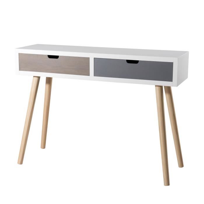 Console scandinave blanc, gris et marron + pieds bois pin massif - L 110 cm