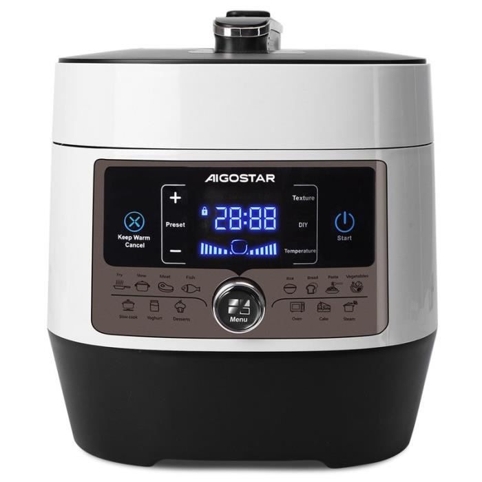 Aigostar Panda - Robot multifonction autocuiseur. 14 fonctions programmées, grand écran LED. Récipient aluminium 5.5L, 1000W.