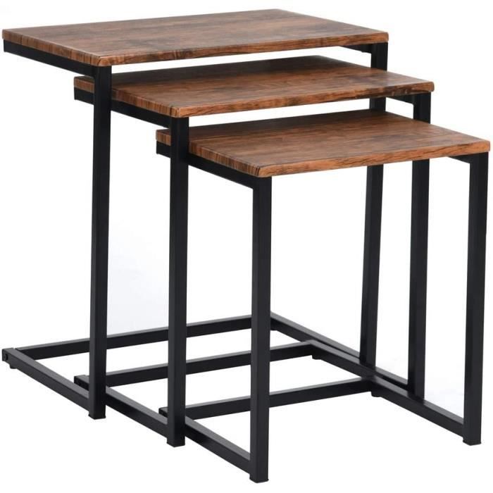 Lot de 3 tables basses gigognes d'appoint/Bout de canapé, Plateau bois imitation noyer et pieds en métal noir, style design et indus