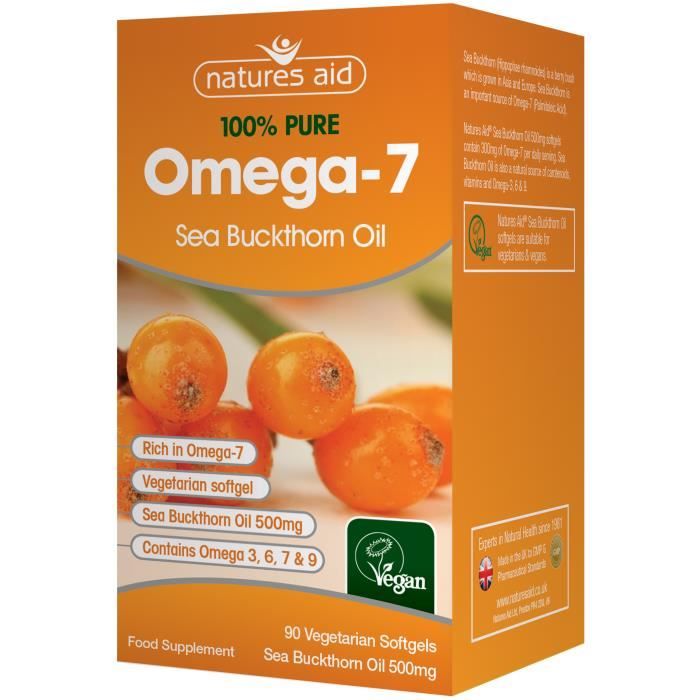 Natures Aid - Huile d’argousier 500mg (oméga-7). 60 gélules végétariennes