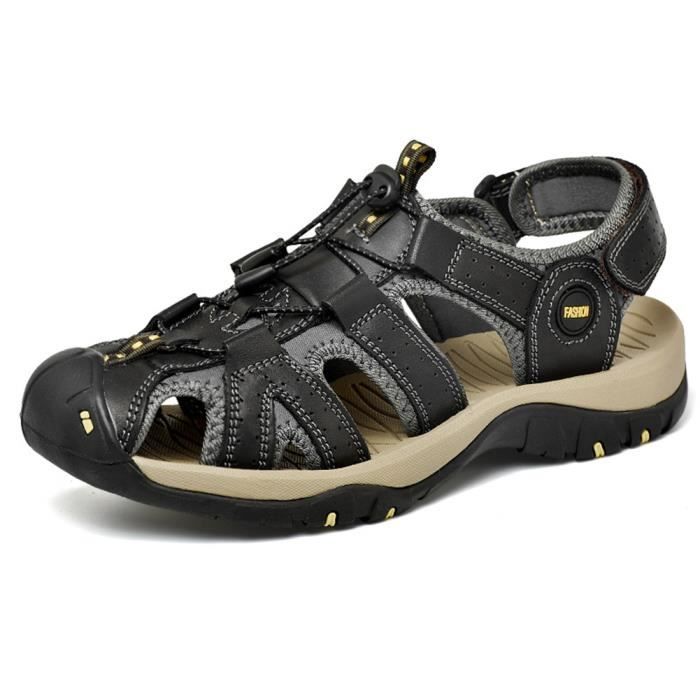 MBF® Sandales Homme Plage Casual Randonnée Sport Bout Fermé en Cuir de Vachette Respirant Confortable - Noir