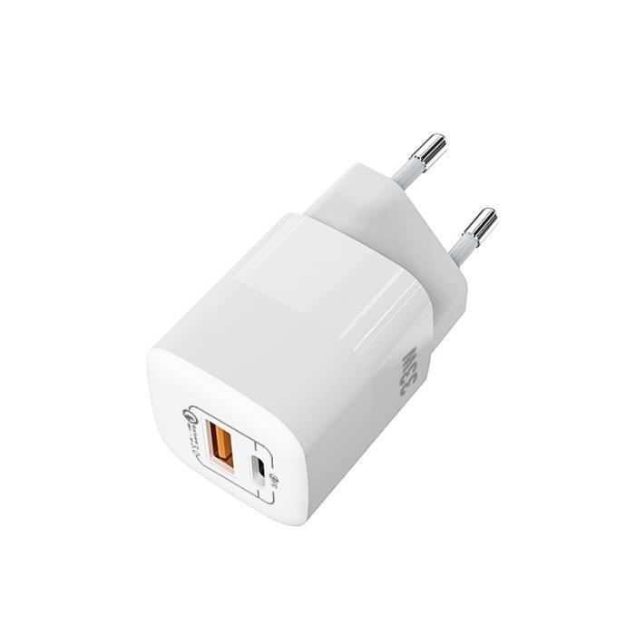 33W Chargeur rapide , Prise Française avec USB et type-C ， QC3.0 Charge rapide Blanc