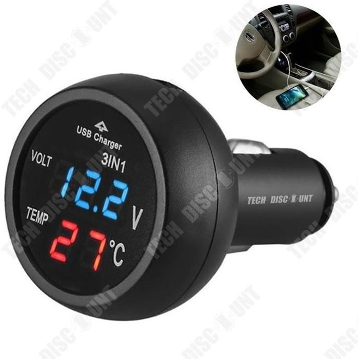 TD® Voltmètre Allume-cigare Thermomètre Chargeur USB LED Auto 12-24V-chargeur USB avec voltmètre Led pour voiture-allume cigar led