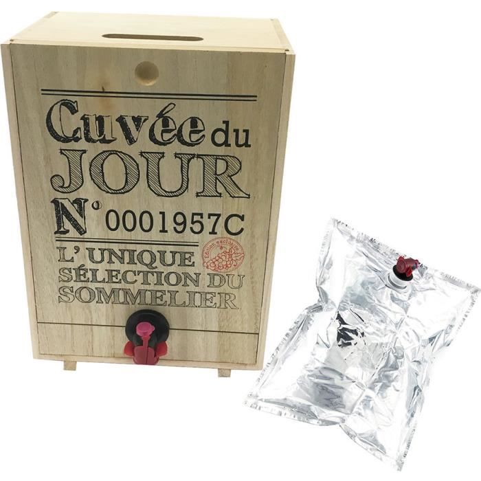 Tonneau à Vin Rectangulaire - Distributeur de Vin - 5 Litres - Poche en Aluminium incluse - Cuvée du Jour