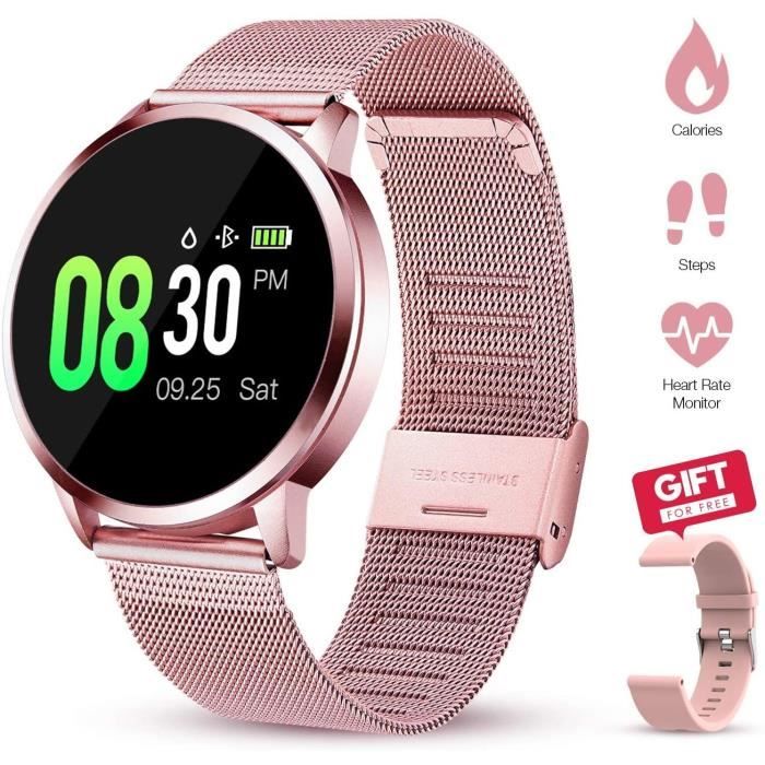 Montre Connectée Femmes Homme Montre Sport Avec IP67 Etanche Multifonction Cardio Oxymètre Podomètre pour iOS Android-Rose