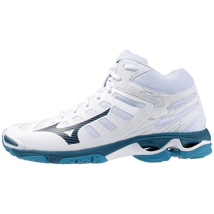mizuno wave voltage mid, chaussures de volley-ball pour hommes, blanc/bleu, taille 44