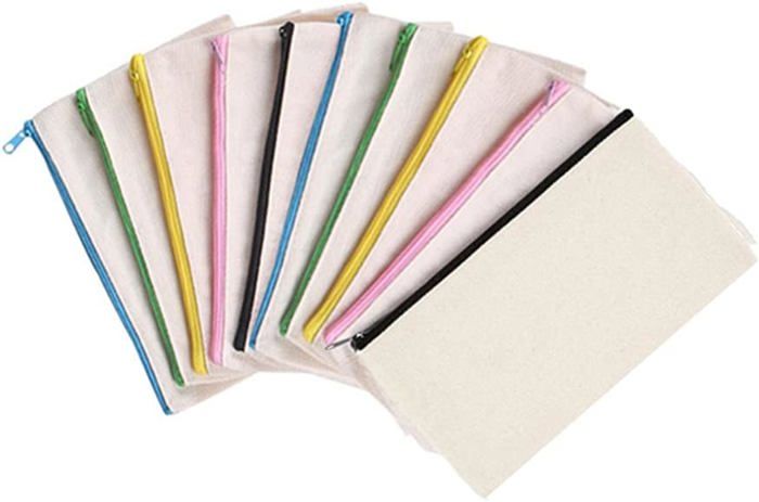 Lot 10 Pochettes Tissu Vierges Zippées - 12x21cm, Toile Blanche, Personnalisables DIY