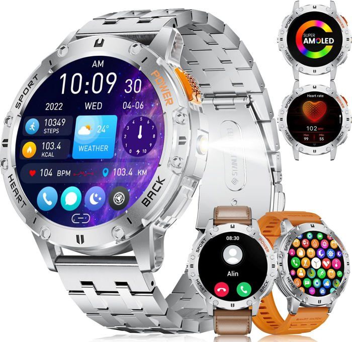 Montre Connectée Homme 5ATM Étanche avec Appels Bluetooth 1 53AMOLED Militaire Smartwatch Intelligent Homme avec Torche LED