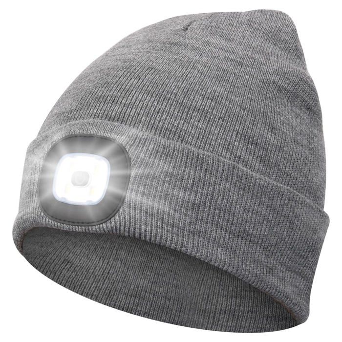 Bonnet avec lumière unisexe hiver phare chapeaux LED USB rechargeable torche casquette lampe frontale lampe de poche gris