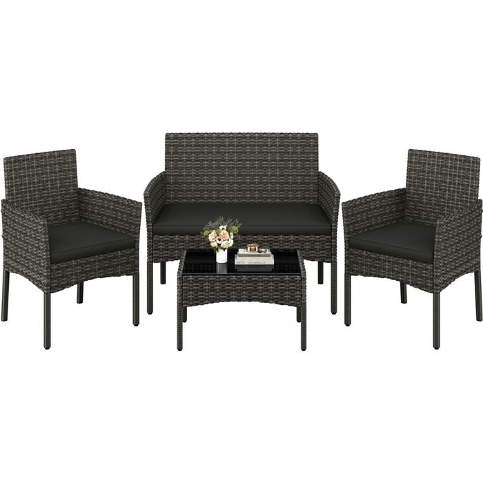 Salon de Jardin 4 Personnes en Polyrotin et Métal Ensemble Mobilier dextérieur 4 Pièces avec Coussin Balcon Terrasse Gris