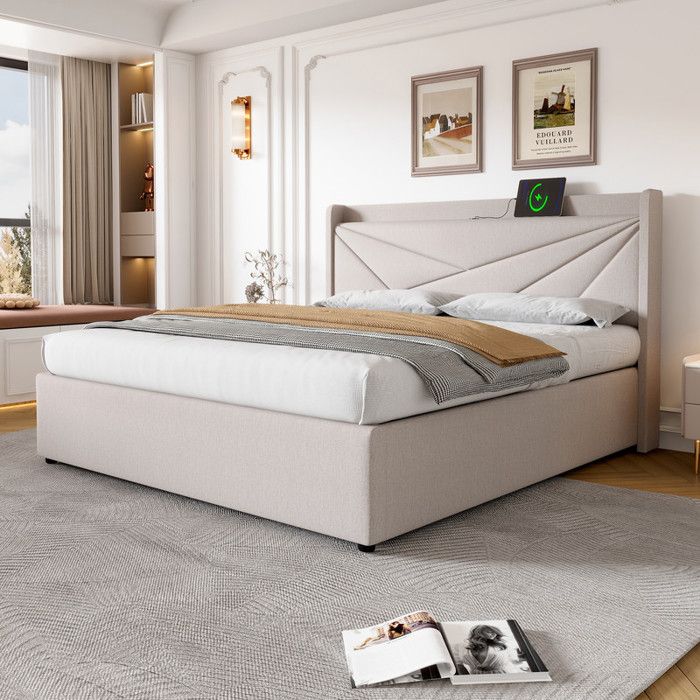 Lit double 180x200 cm - Tête géométrique - Fonction de charge USB - Coffre de rangement - Design contemporain
