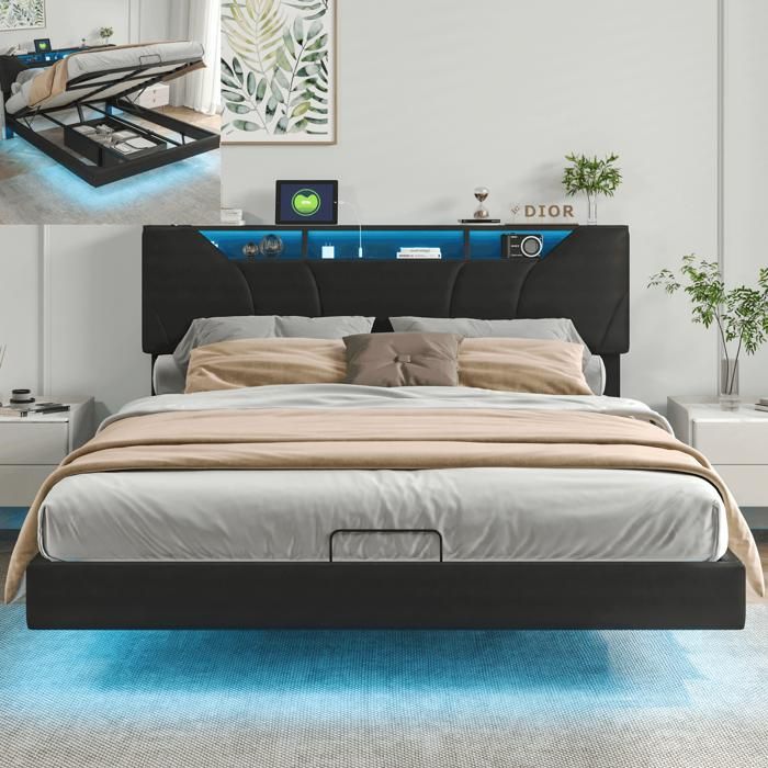 Lit coffre - SUNFECILI - Lit coffre 140x200 - PU noir - LED contrôlable par APP - Sommier inclus