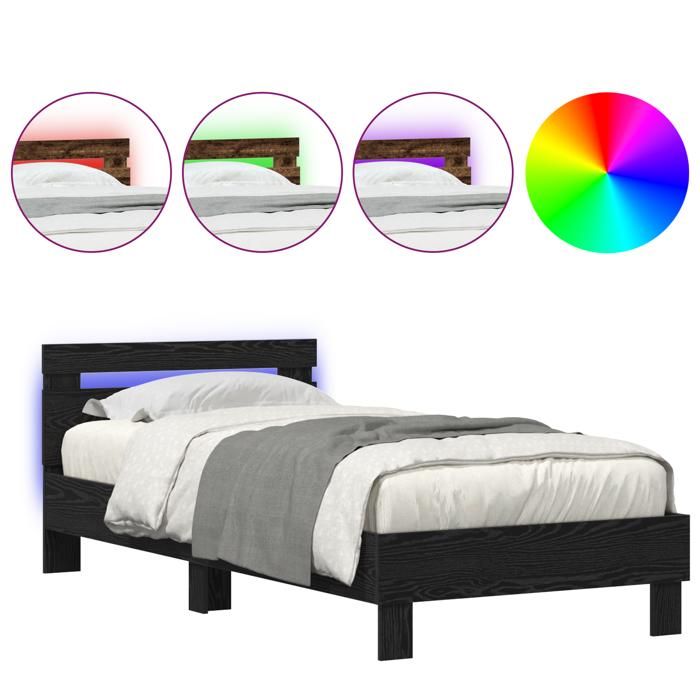 MGH@ Cadre de lit - Contemporain - Lit dormir - avec Lumières LED - Chêne Noir 90x190 cm Bois Dingénierie fr5013