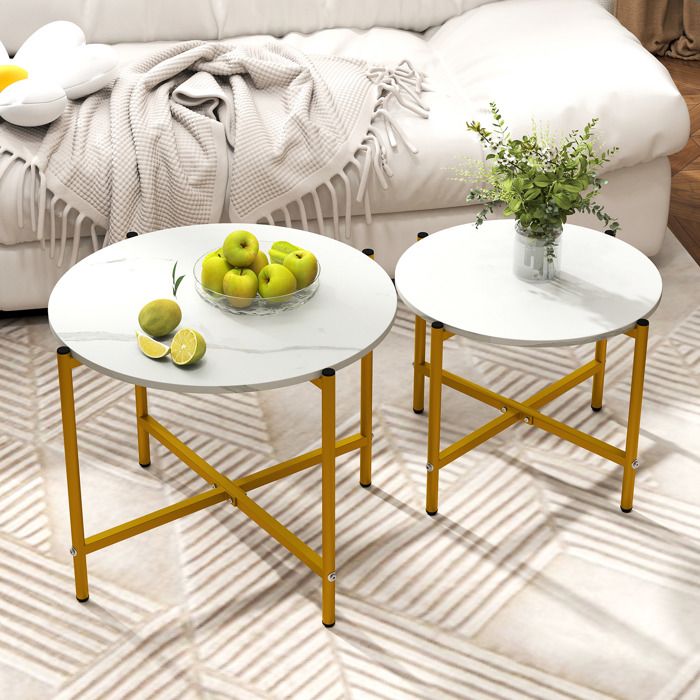 Lot de 2 Tables Basses Salon Rondes COSTWAY Cadre en Métal Tables Basses Gigognes de 55 cm et 65 cm pour Chambre Bureau Blanc