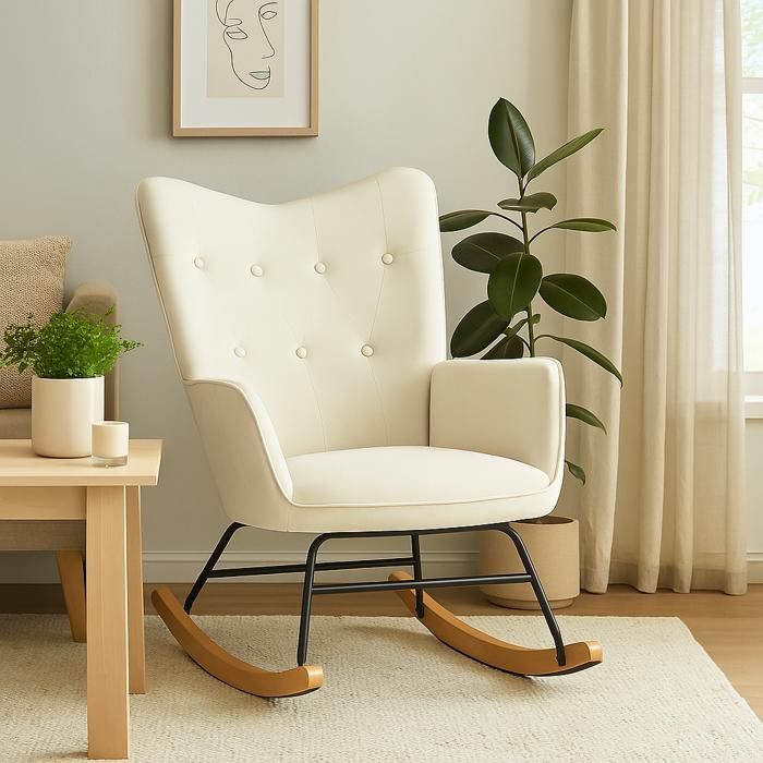 URBAN MEUBLE - Fauteuil - Style Scandinave - velours beige - pieds hêtre et métal URBAN MEUBLE - Fauteuil - Style Scandinave - velours beige - pieds hêtre et métal