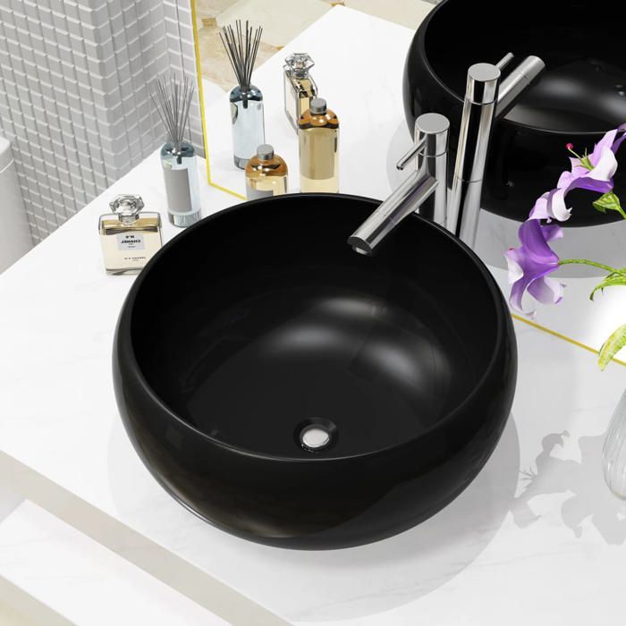 [89194]Lavabo rond Céramique Noir 40 x 15 cm - pour bain-cuisine ...