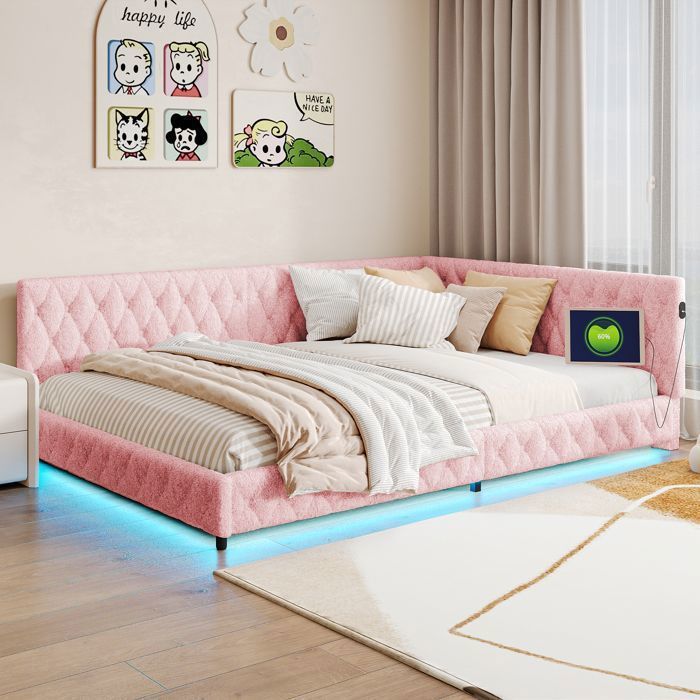 Canapé Lit 2 Places ADWOLT Lit double 140×200 cm LED et USB pour Studio et Invités Tissu teddy fleece Rose
