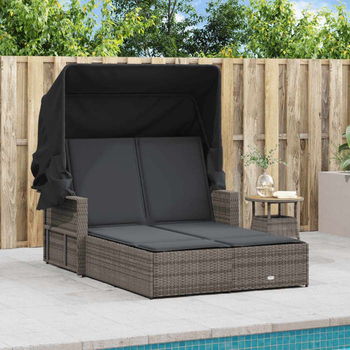 Desginer Chaise longue/Lit de repos - SOLOMON - Pour jardin - double places - et auvent et coussins - gris résine tressée CC1289