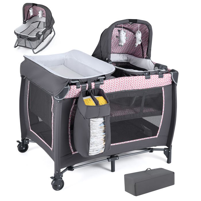 Lit Bébé Parapluie avec Matelas 5 en 1 COSTWAY-BerceauTable à Langer-Lit de Voyage-Jouets SuspendusBoîte à Musique-Roulettes-Rose