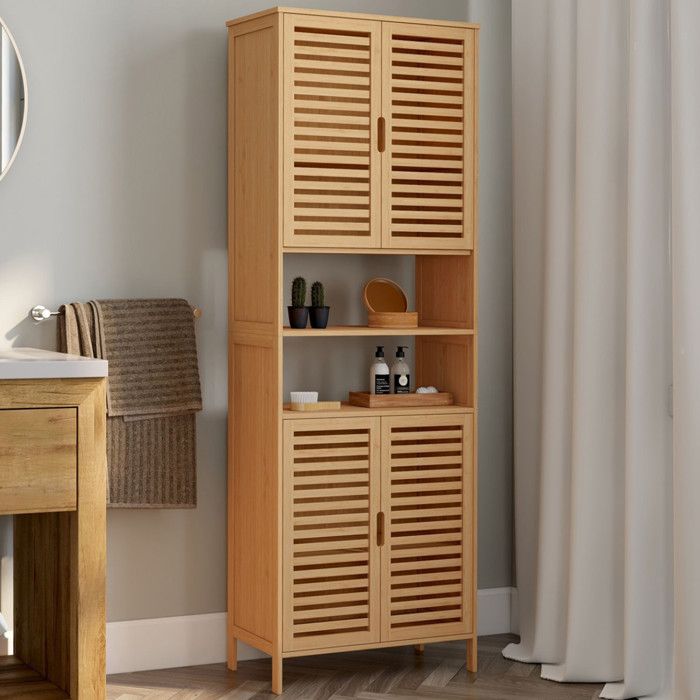 IDMARKET Meuble armoire colonne salle de bain bambou BEA 4 portes et 2 niches IDMARKET Meuble armoire colonne salle de bain bambou BEA 4 portes et 2 niches