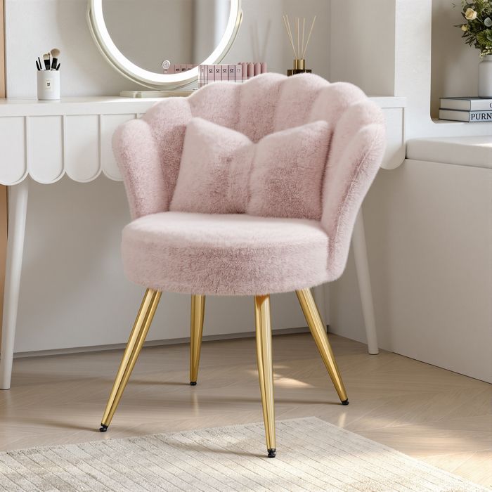 Fauteuil de salon avec dossier Chaise de coiffeuse rembourrée Pieds en métal doré Fauteuil pour Coiffeuse Chambre ou SalonRose